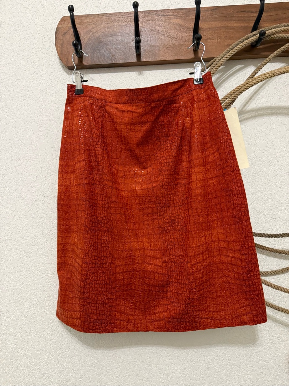 Deadstock Vintage 90s HANALORI Rust Orange Croc PVC Pencil Skirt - Size 12